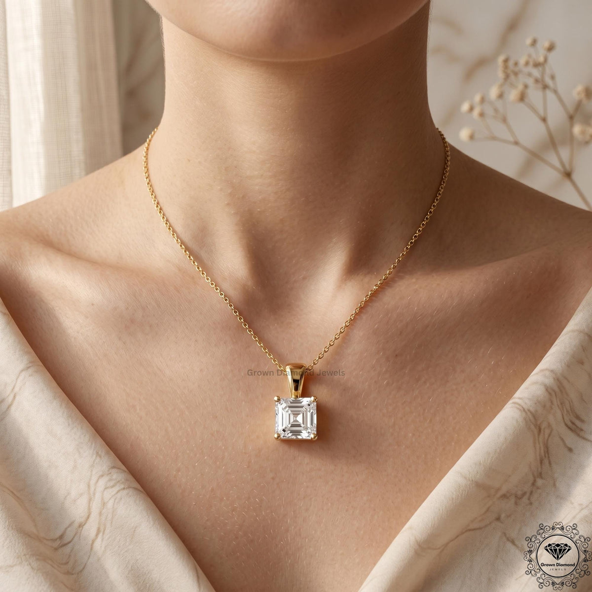 Asscher Cut Lab Grown Diamond Solitaire Pendant Necklace - GrownDiamondJewels