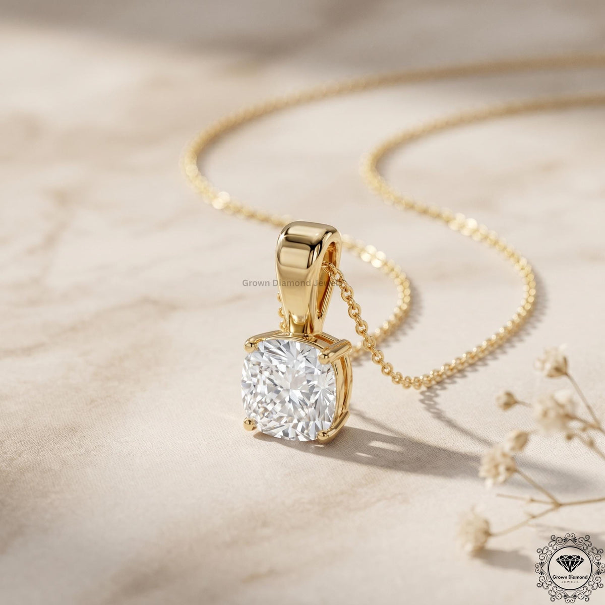 Lab Grown Cushion Diamond Solitaire Pendant Necklace 14K - GrownDiamondJewels