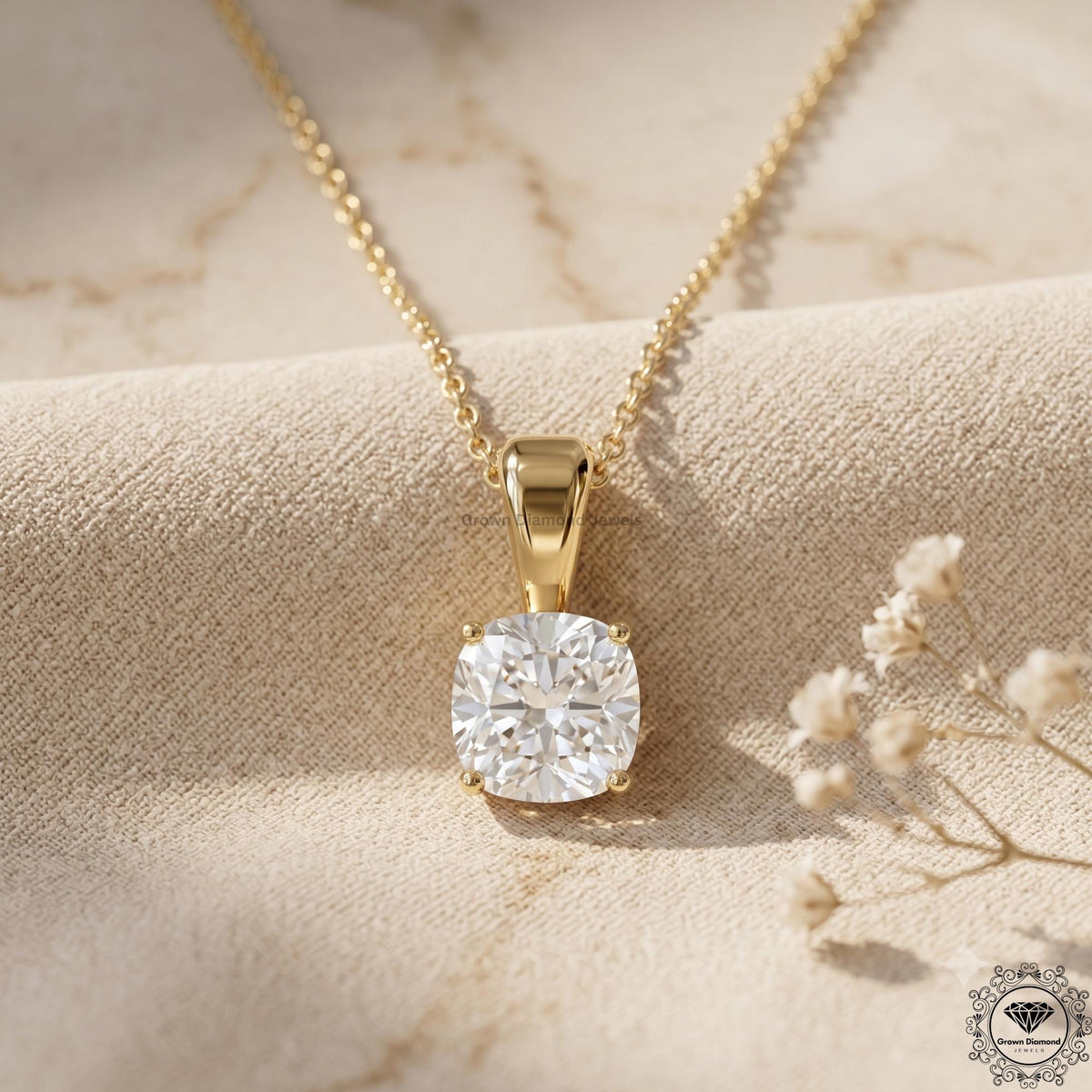 Lab Grown Cushion Diamond Solitaire Pendant Necklace 14K - GrownDiamondJewels