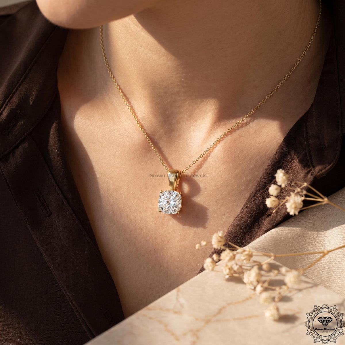 Lab Grown Cushion Diamond Solitaire Pendant Necklace 14K - GrownDiamondJewels