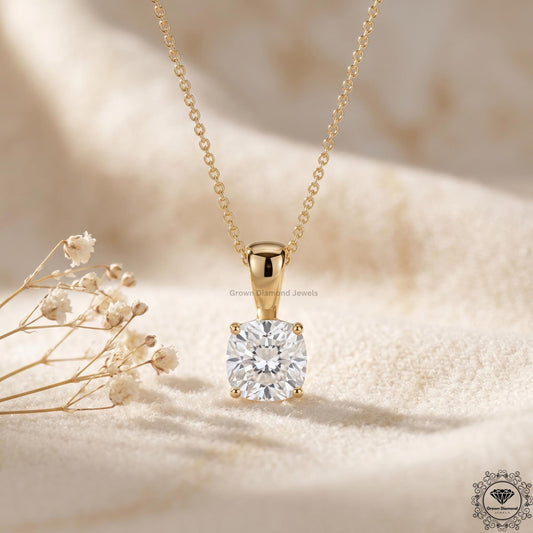 Lab Grown Cushion Diamond Solitaire Pendant Necklace 14K - GrownDiamondJewels