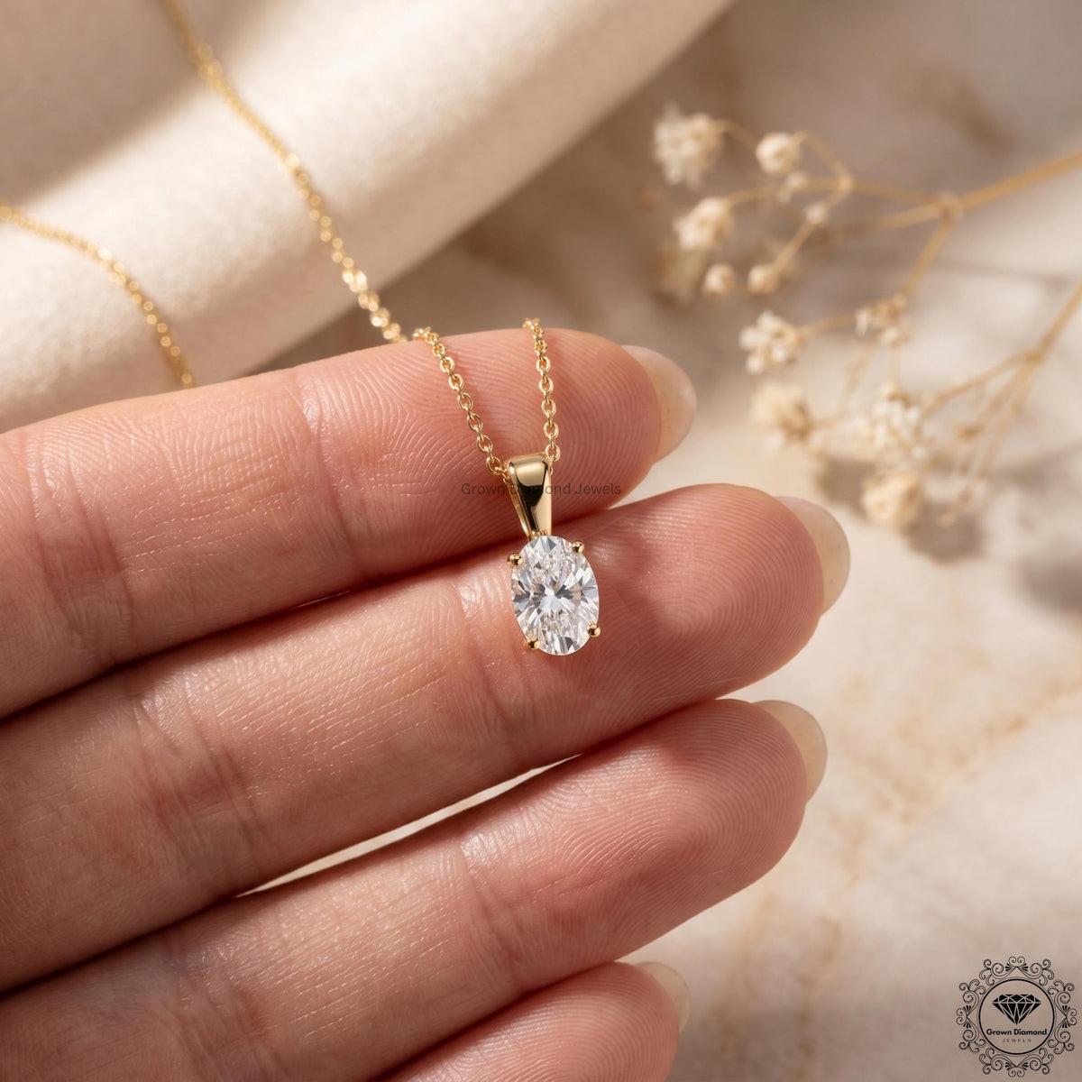 Lab Grown Oval Diamond Solitaire Pendant Necklace 1-5 CT - GrownDiamondJewels