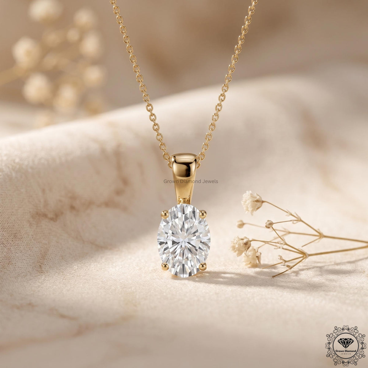 Lab Grown Oval Diamond Solitaire Pendant Necklace 1-5 CT - GrownDiamondJewels