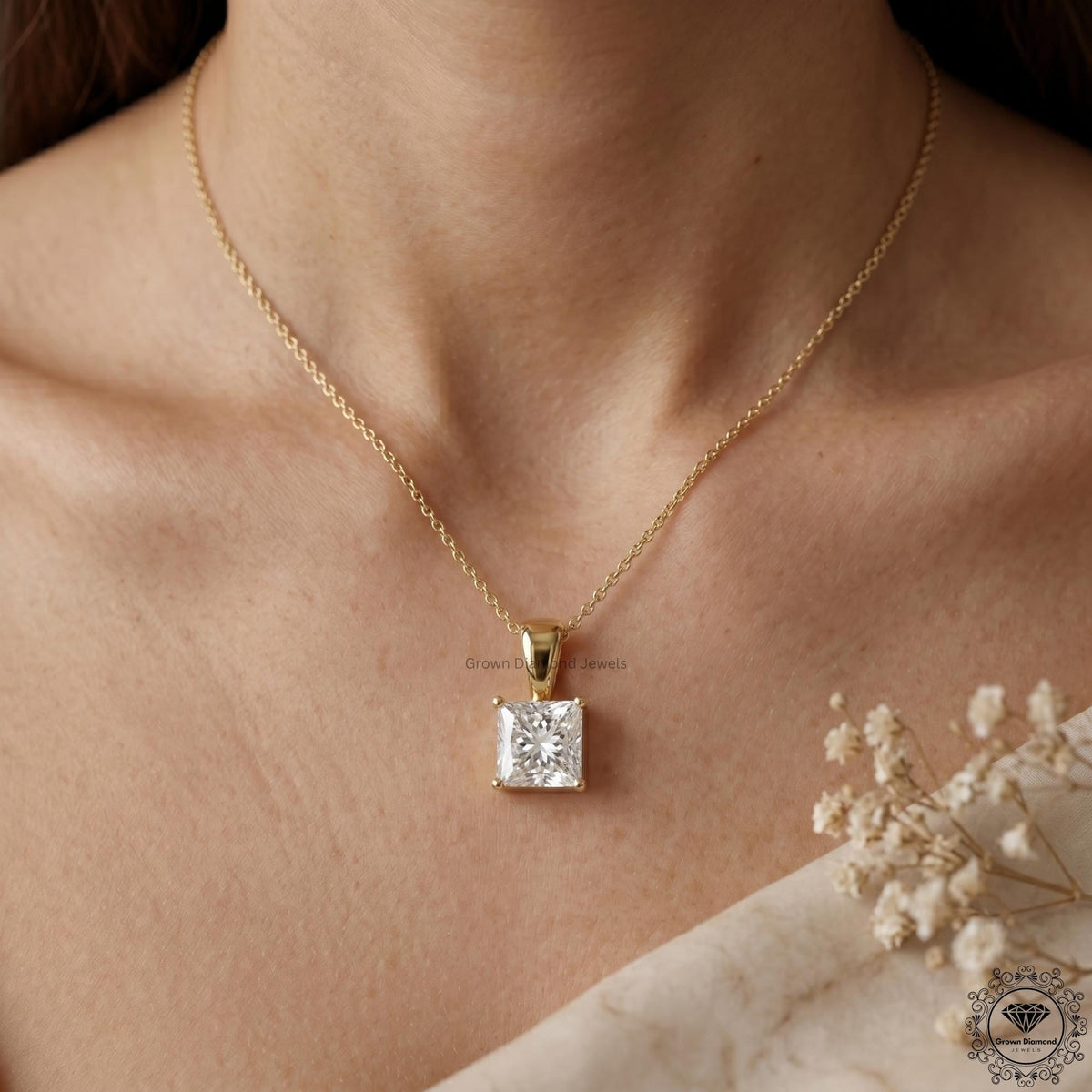 Princess Cut Lab Grown Diamond Pendant Necklace 1-5 CT - GrownDiamondJewels