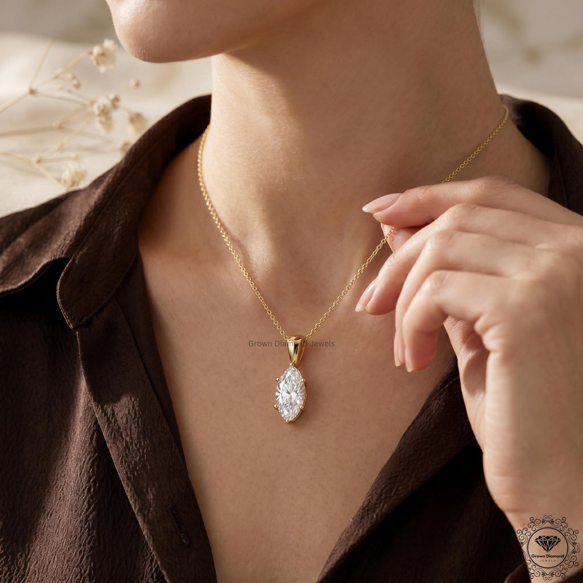 Lab Grown Marquise Diamond Solitaire Necklace 1-5 CT - GrownDiamondJewels