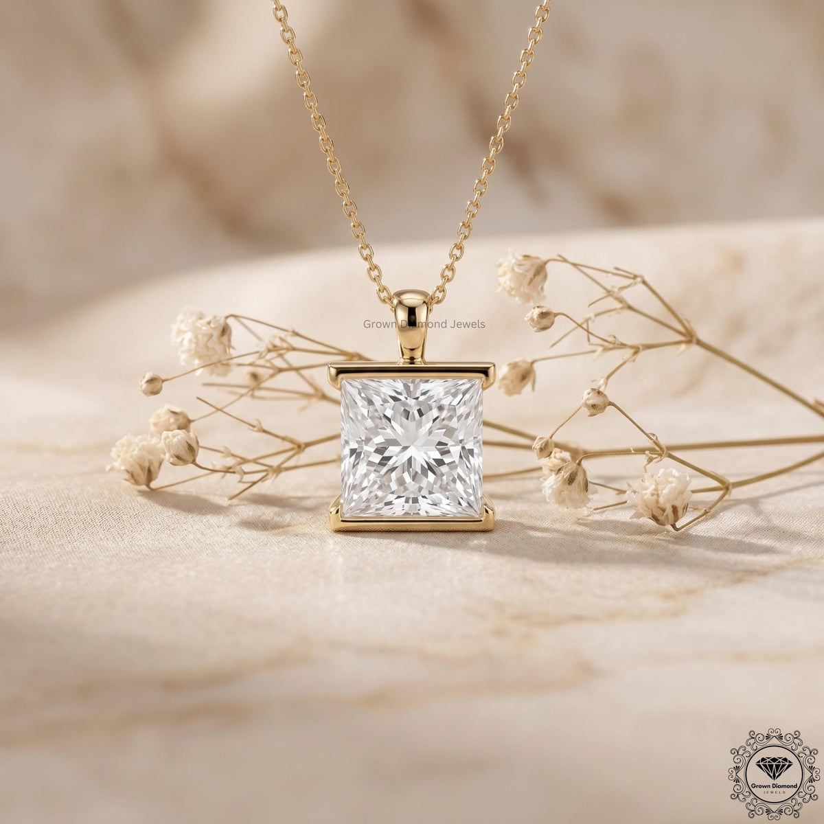 Lab Grown Princess Diamond Bezel Set Solitaire Pendant - GrownDiamondJewels
