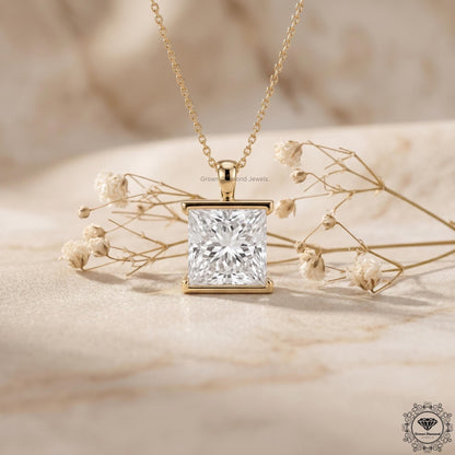 Lab Grown Princess Diamond Bezel Set Solitaire Pendant - GrownDiamondJewels