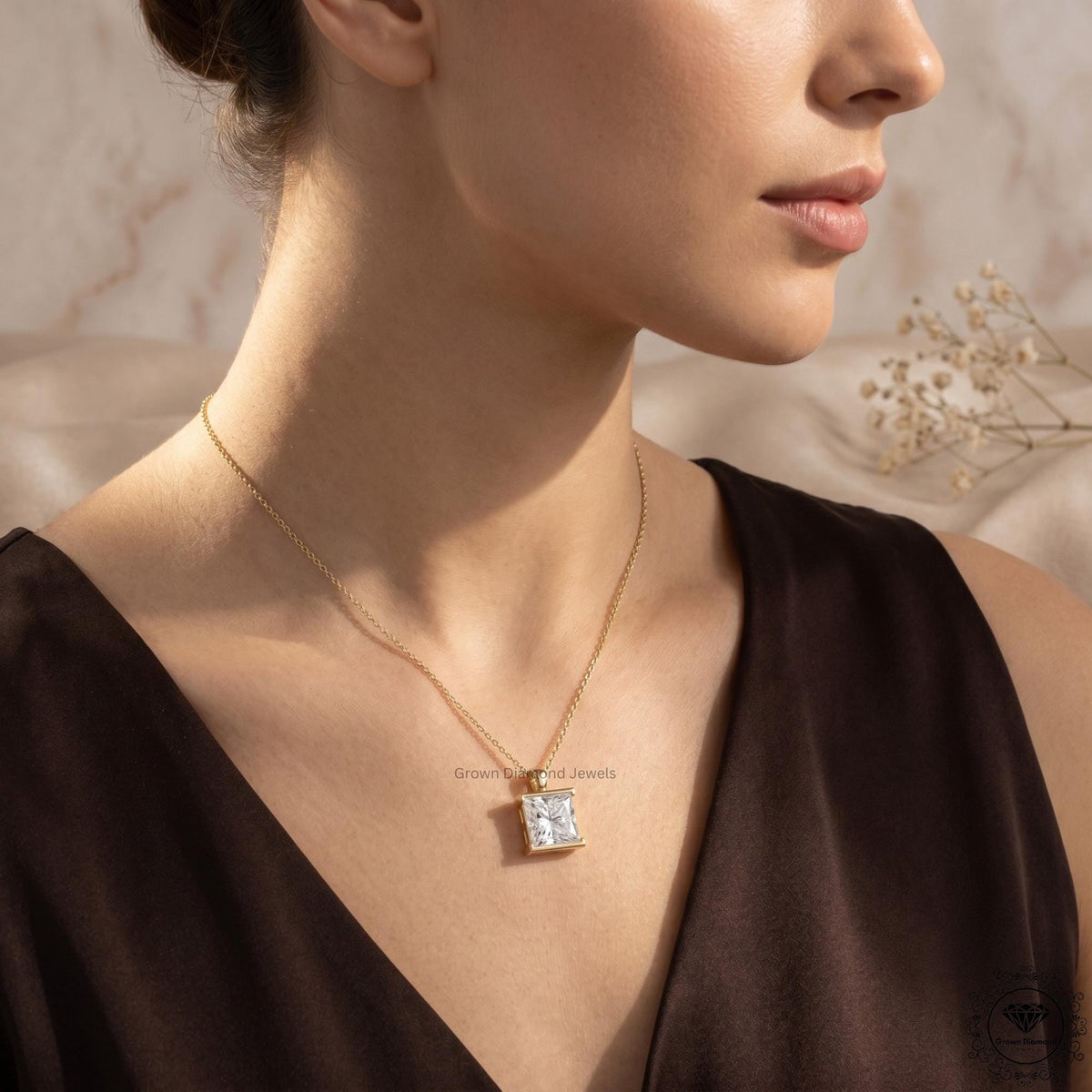 Lab Grown Princess Diamond Bezel Set Solitaire Pendant - GrownDiamondJewels