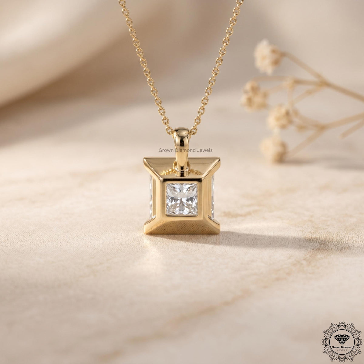 Lab Grown Princess Diamond Bezel Set Solitaire Pendant - GrownDiamondJewels