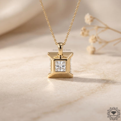 Lab Grown Princess Diamond Bezel Set Solitaire Pendant - GrownDiamondJewels