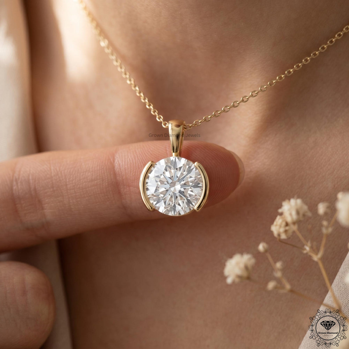 IGI Certified Round Lab Diamond Bezel Set Pendant Necklace - GrownDiamondJewels
