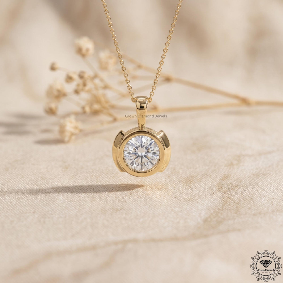 IGI Certified Round Lab Diamond Bezel Set Pendant Necklace - GrownDiamondJewels