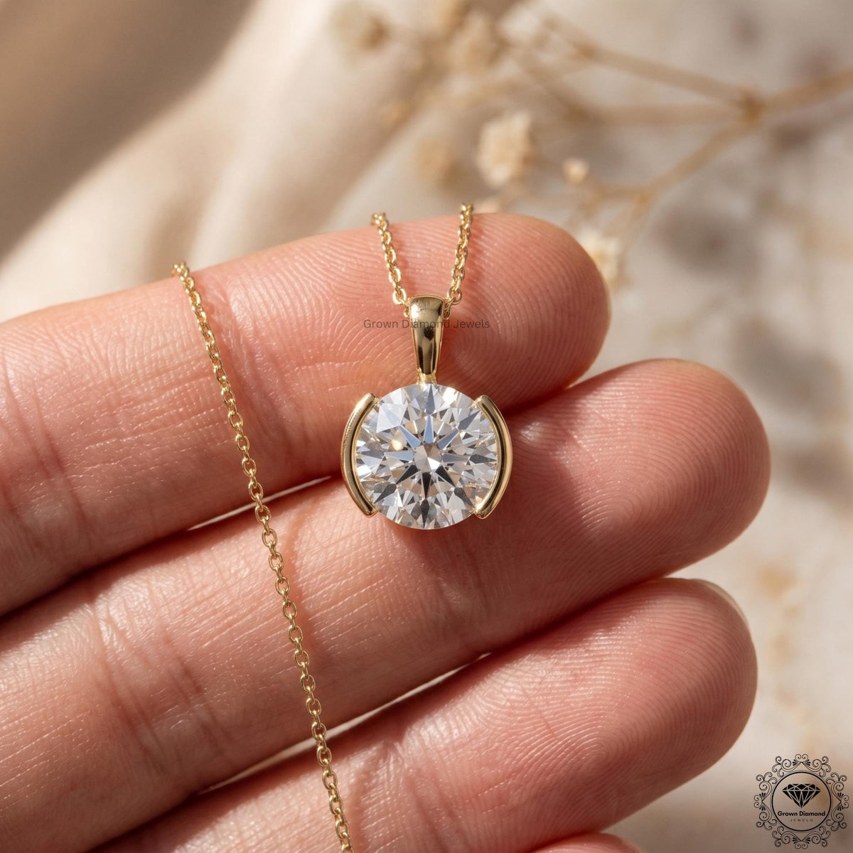 IGI Certified Round Lab Diamond Bezel Set Pendant Necklace - GrownDiamondJewels