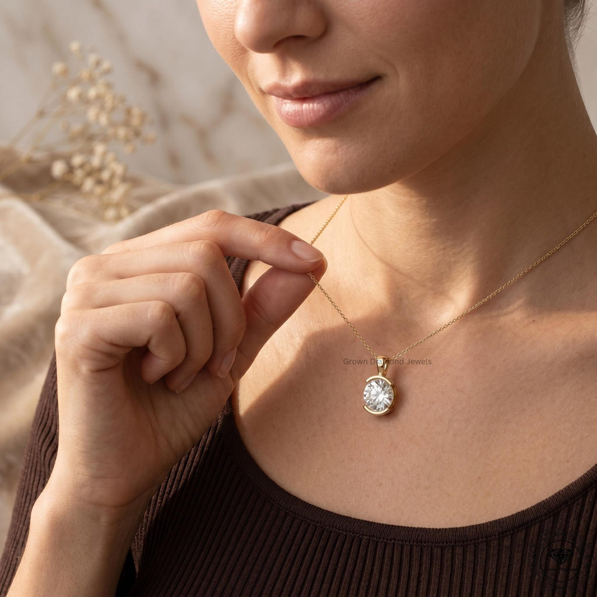 Round Cut Lab Grown Diamond Bezel Set Pendant Necklace 14K - GrownDiamondJewels
