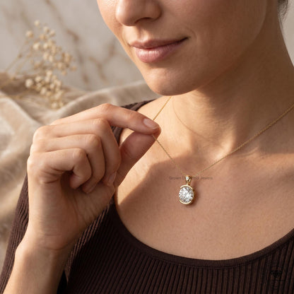 Round Cut Lab Grown Diamond Bezel Set Pendant Necklace 14K - GrownDiamondJewels