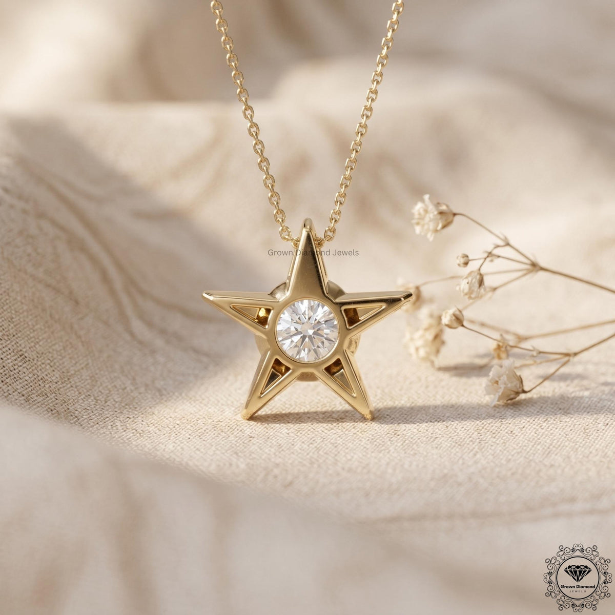 Round Lab Grown Diamond Star Pendant Necklace 18K Gold - GrownDiamondJewels