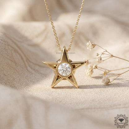 Round Lab Grown Diamond Star Pendant Necklace 18K Gold - GrownDiamondJewels