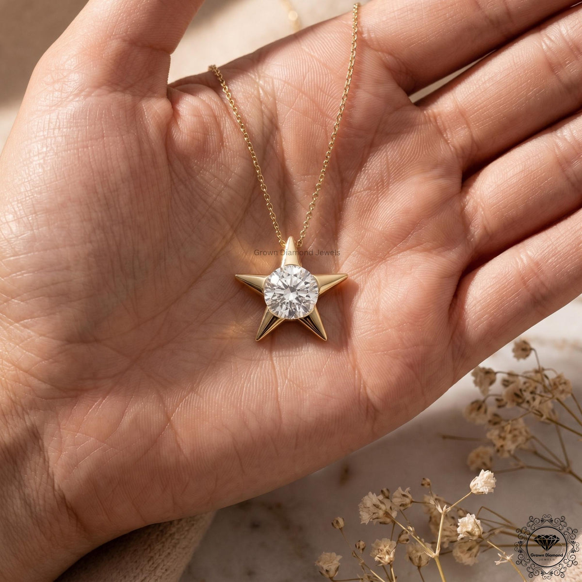 Round Lab Grown Diamond Star Pendant Necklace 18K Gold - GrownDiamondJewels