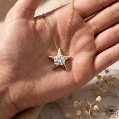 Round Lab Grown Diamond Star Pendant Necklace 18K Gold - GrownDiamondJewels