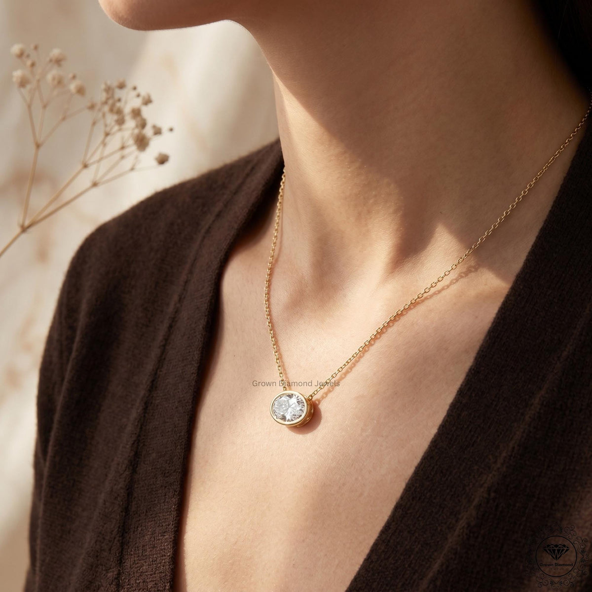 Lab Grown Oval Diamond East West Bezel Set Pendant Necklace - GrownDiamondJewels