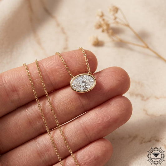 Lab Grown Oval Diamond East West Bezel Set Pendant Necklace - GrownDiamondJewels