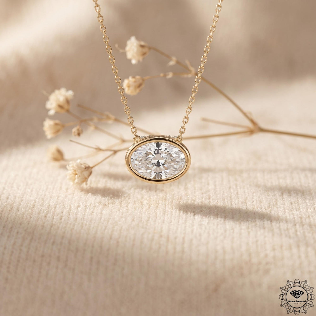 Lab Grown Oval Diamond East West Bezel Set Pendant Necklace - GrownDiamondJewels