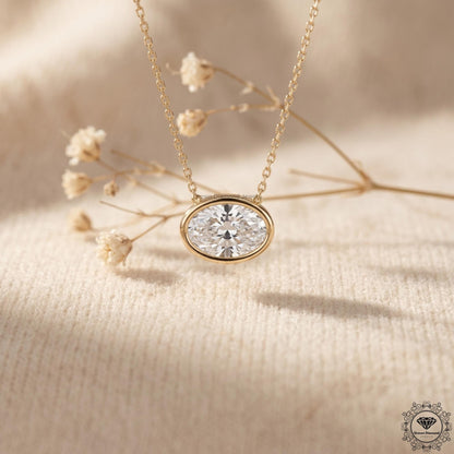 Lab Grown Oval Diamond East West Bezel Set Pendant Necklace - GrownDiamondJewels