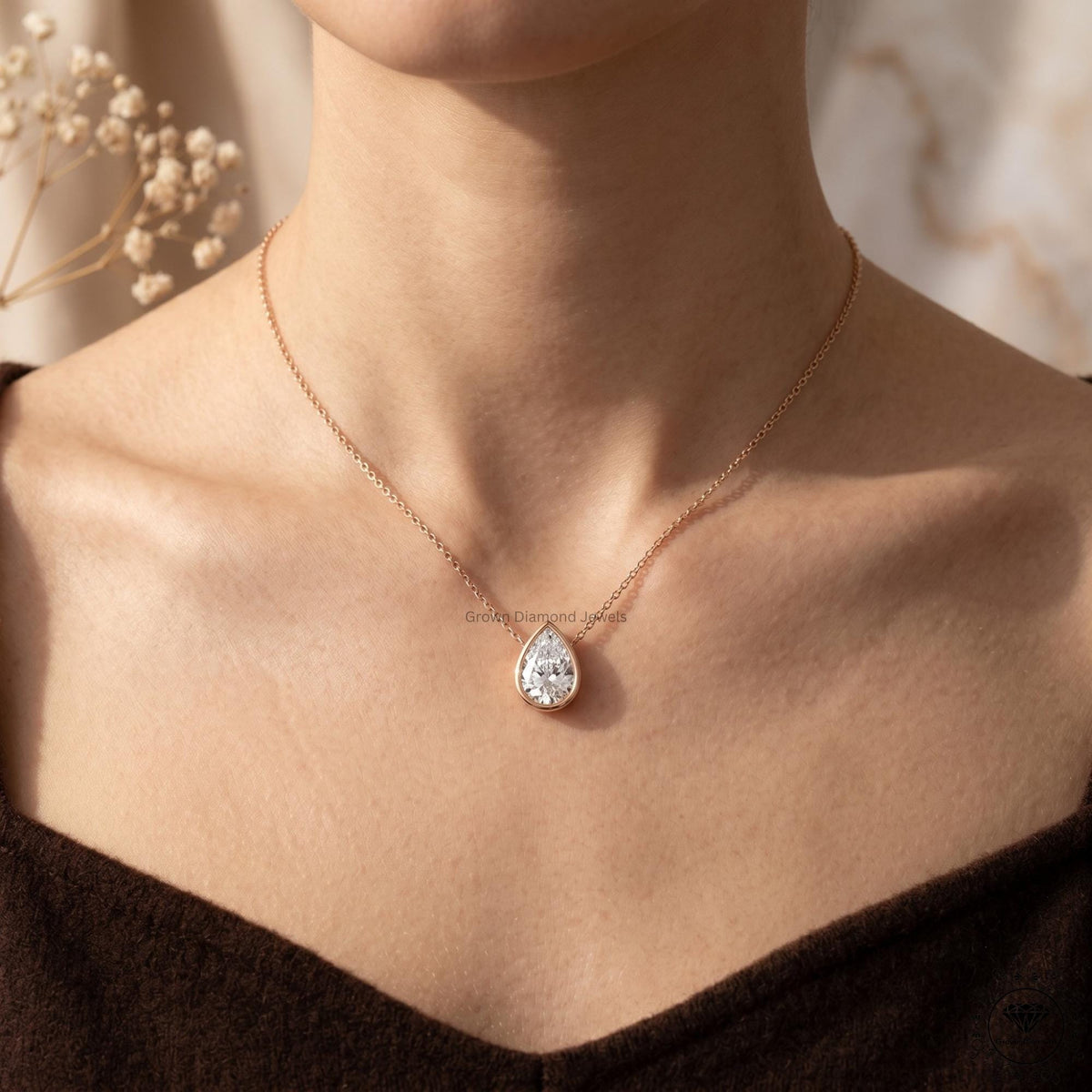IGI Certified Lab Grown Pear Diamond Bezel Set Pendant - GrownDiamondJewels