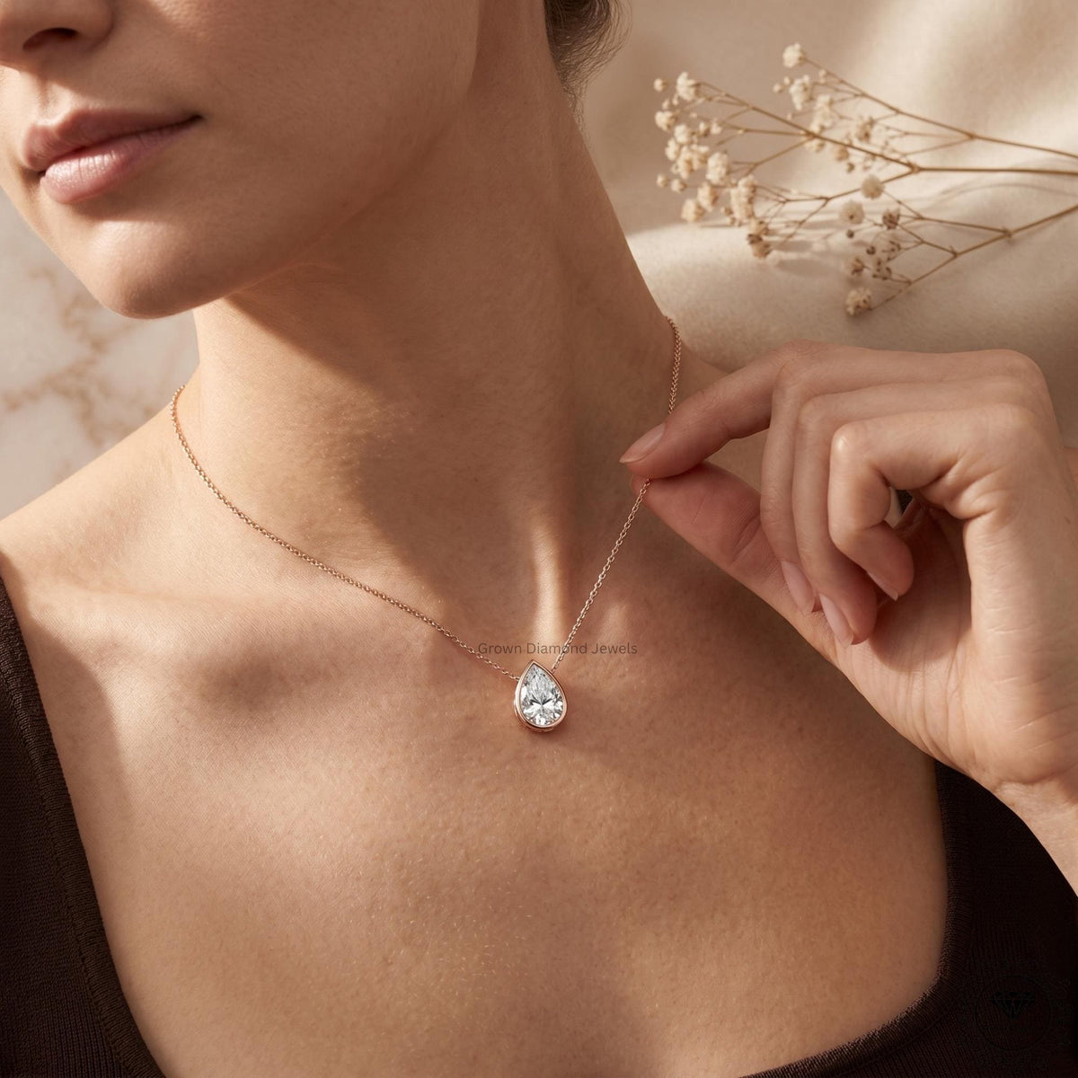 IGI Certified Lab Grown Pear Diamond Bezel Set Pendant - GrownDiamondJewels