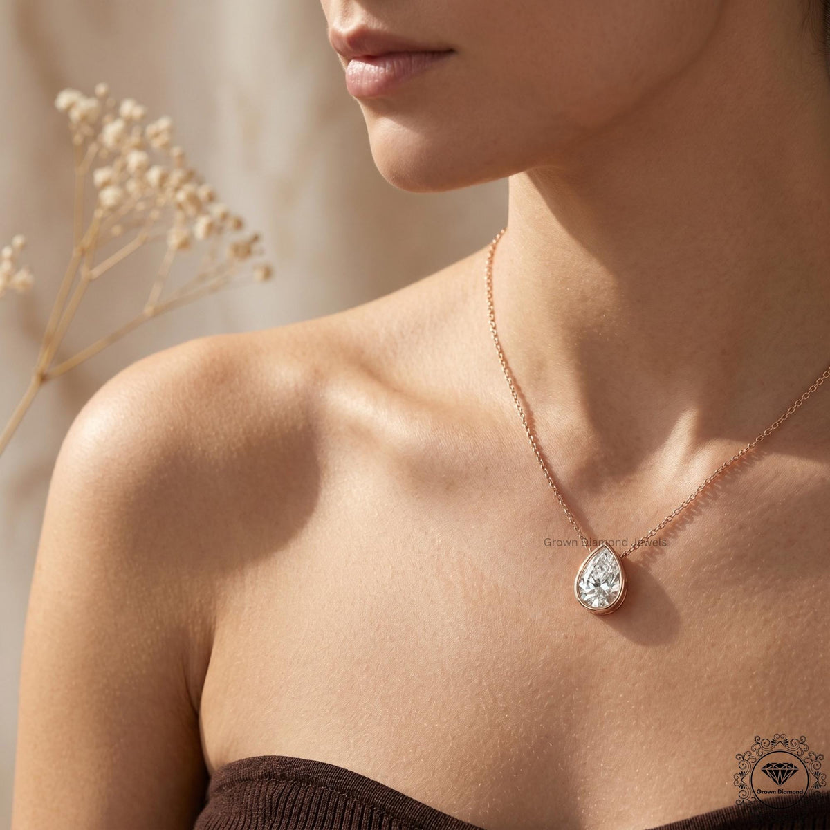 IGI Certified Lab Grown Pear Diamond Bezel Set Pendant - GrownDiamondJewels