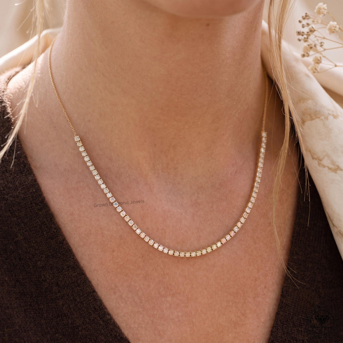 E-F VS Lab Grown Diamond Tennis Necklace 14K White Gold - GrownDiamondJewels
