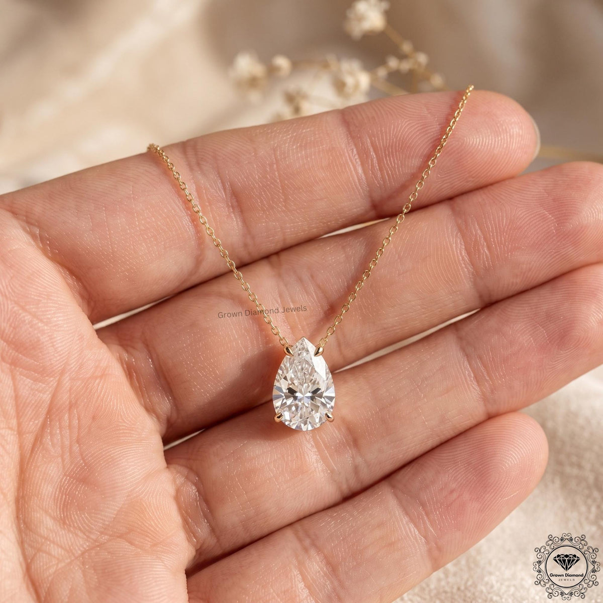 14K White Gold Pear Diamond Solitaire Necklace IGI Certified - GrownDiamondJewels