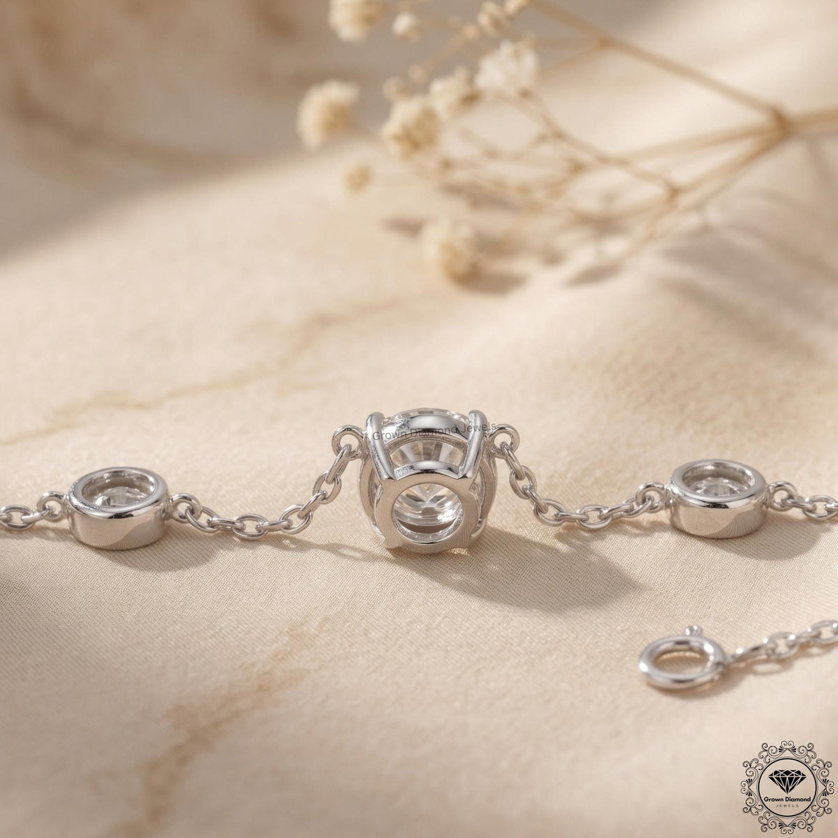 Round Cut Lab Grown Diamond Bezel Station Necklace 14K Gold - GrownDiamondJewels