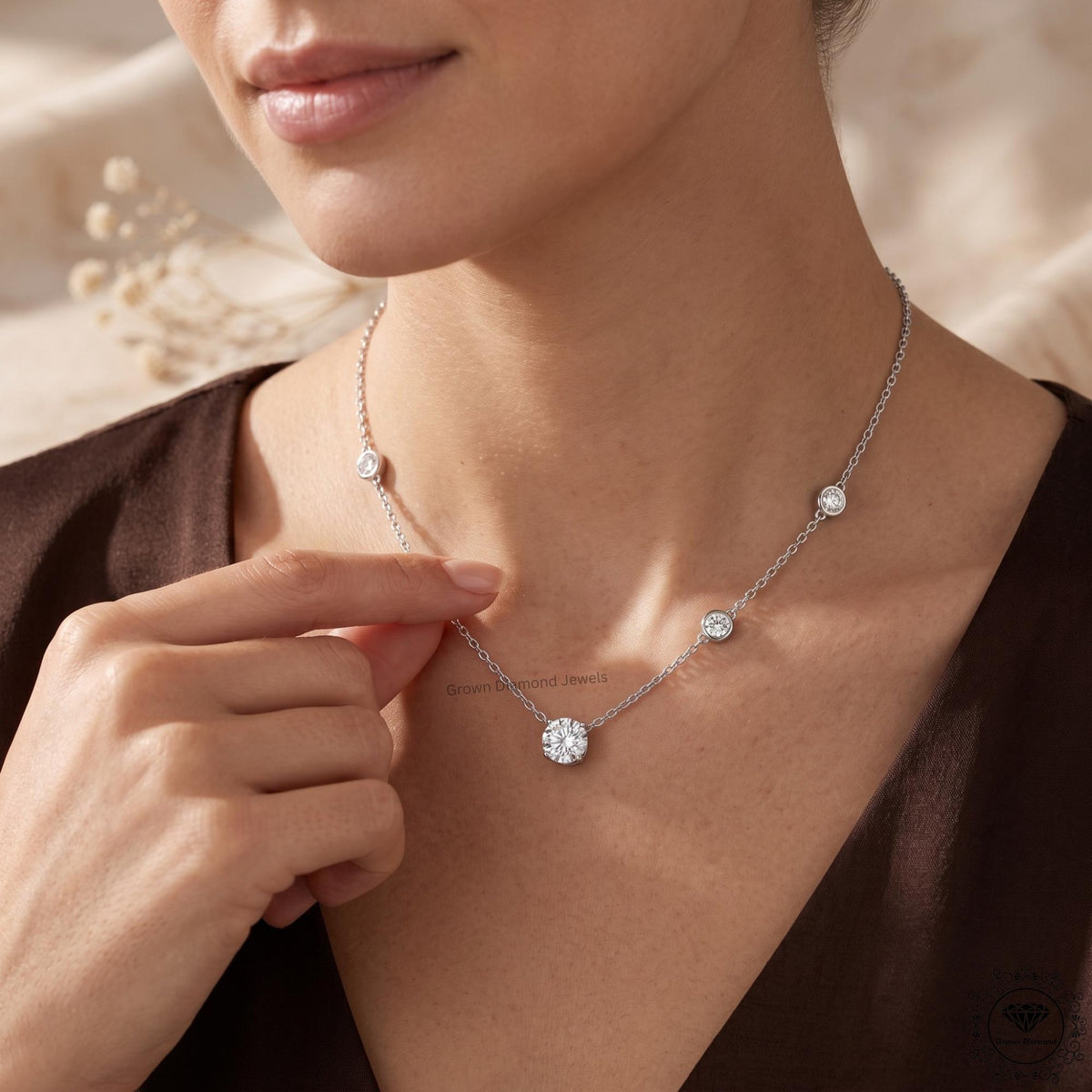 Round Cut Lab Grown Diamond Bezel Station Necklace 14K Gold - GrownDiamondJewels
