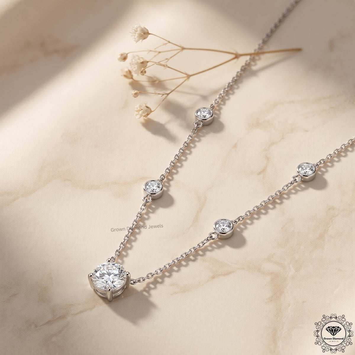 Round Cut Lab Grown Diamond Bezel Station Necklace 14K Gold - GrownDiamondJewels
