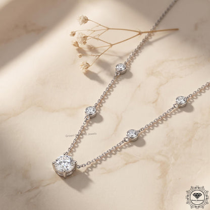 Round Cut Lab Grown Diamond Bezel Station Necklace 14K Gold - GrownDiamondJewels