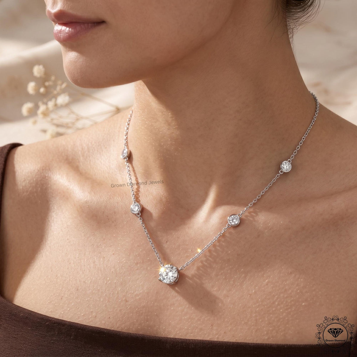 Round Cut Lab Grown Diamond Bezel Station Necklace 14K Gold - GrownDiamondJewels