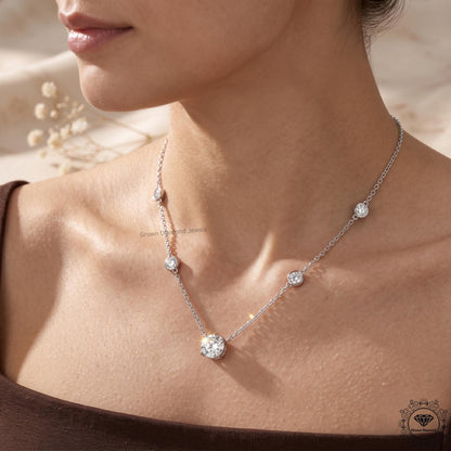 Round Cut Lab Grown Diamond Bezel Station Necklace 14K Gold - GrownDiamondJewels