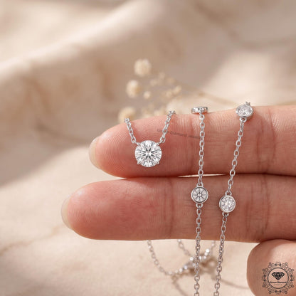 Round Cut Lab Grown Diamond Bezel Station Necklace 14K Gold - GrownDiamondJewels