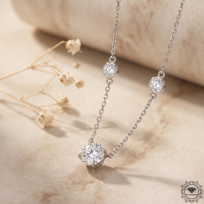 Round Cut Lab Grown Diamond Bezel Station Necklace 14K Gold - GrownDiamondJewels
