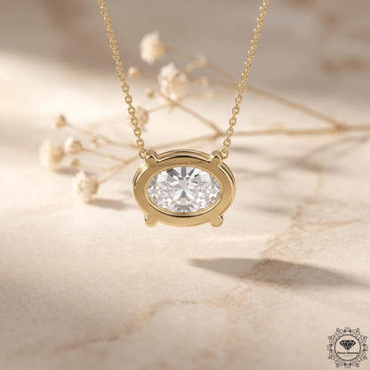 East West Oval Lab Grown Diamond Solitaire Pendant 14K Gold - GrownDiamondJewels