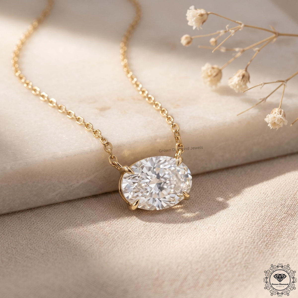 East West Oval Lab Grown Diamond Solitaire Pendant 14K Gold - GrownDiamondJewels