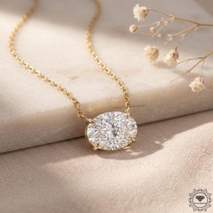 East West Oval Lab Grown Diamond Solitaire Pendant 14K Gold - GrownDiamondJewels
