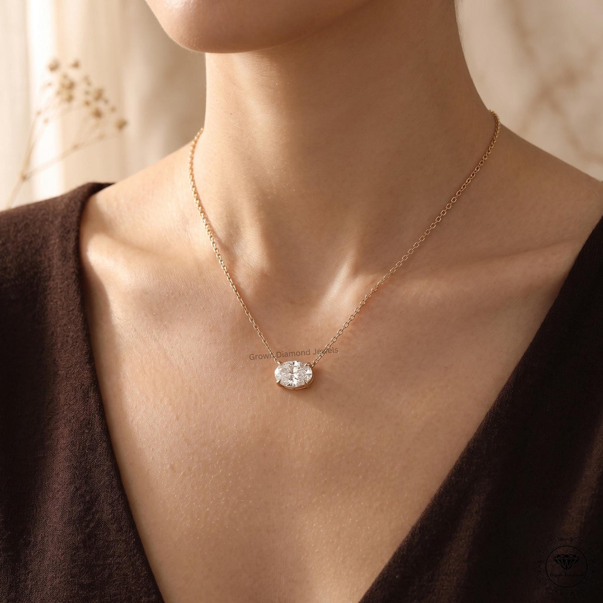 East West Oval Lab Grown Diamond Solitaire Pendant 14K Gold - GrownDiamondJewels
