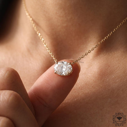 East West Oval Lab Grown Diamond Solitaire Pendant 14K Gold - GrownDiamondJewels