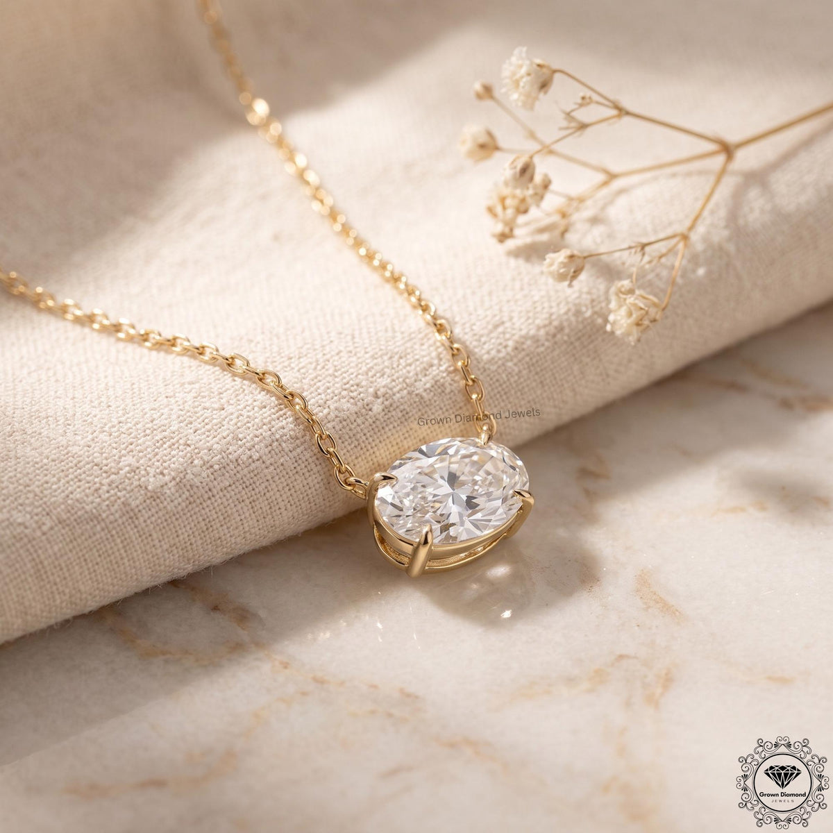 East West Oval Lab Grown Diamond Solitaire Pendant 14K Gold - GrownDiamondJewels