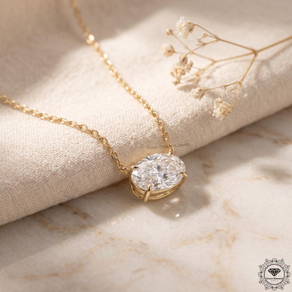 East West Oval Lab Grown Diamond Solitaire Pendant 14K Gold - GrownDiamondJewels
