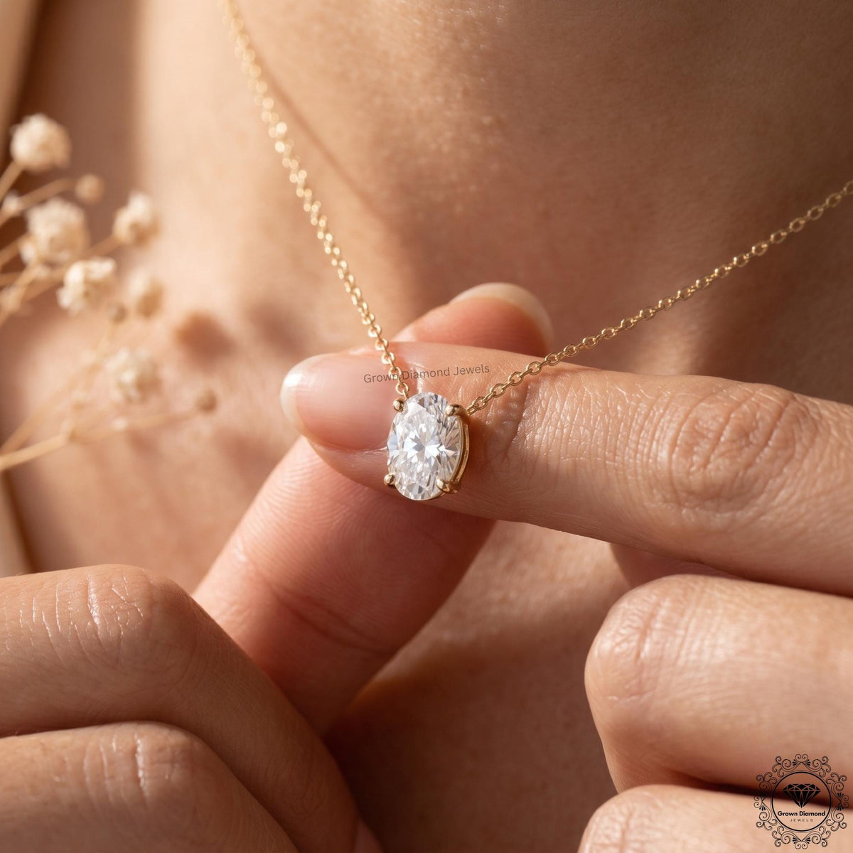 Oval Cut Lab Grown Diamond Solitaire Pendant Necklace 14K - GrownDiamondJewels
