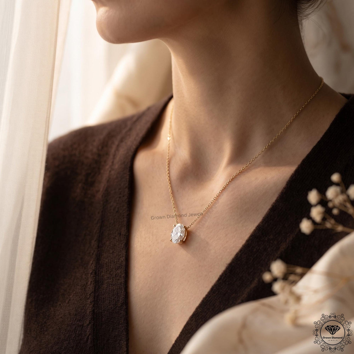 Oval Cut Lab Grown Diamond Solitaire Pendant Necklace 14K - GrownDiamondJewels