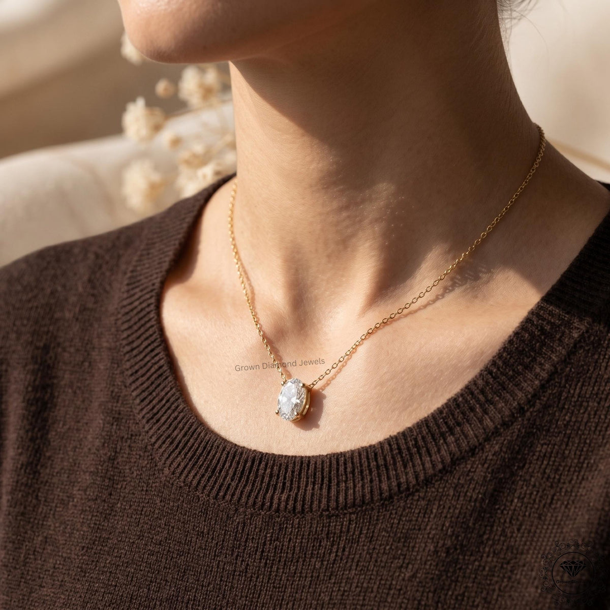 Oval Cut Lab Grown Diamond Solitaire Pendant Necklace 14K - GrownDiamondJewels